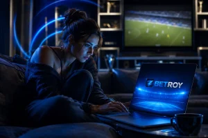 Betroy oyun dünyası: gece dizüstü bilgisayardan canlı futbol bahsi yapan kadın