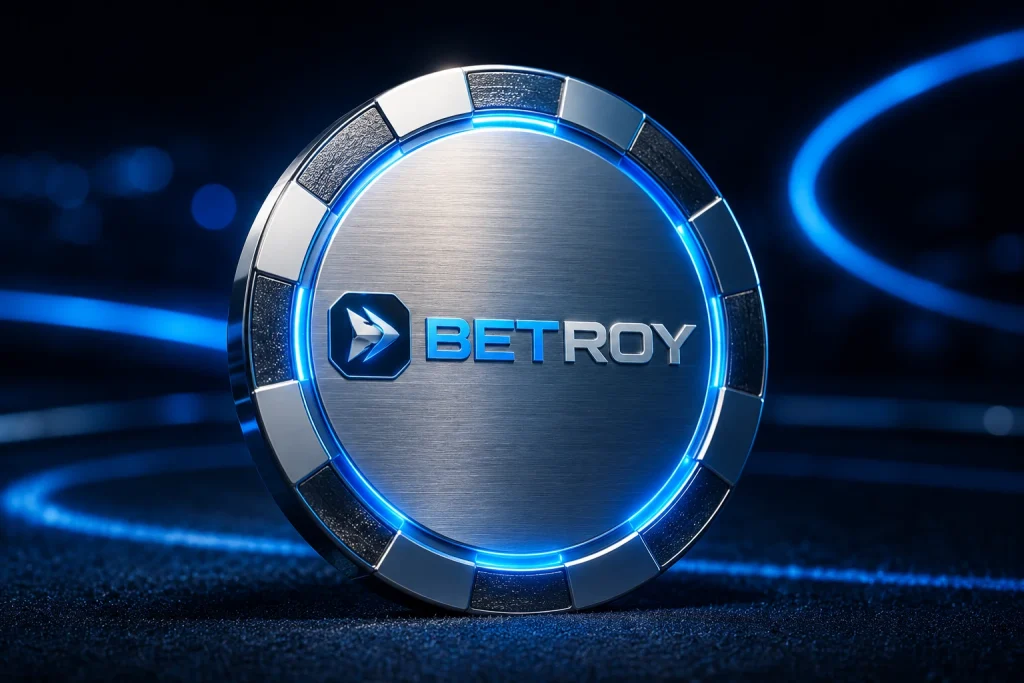 Betroy hakkında rehber sayfası görseli: mavi neon ışıkta krom casino jetonu ve marka logosu