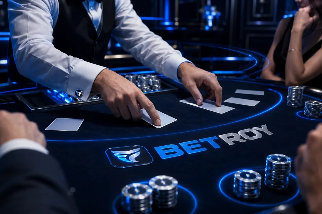 Betroy canlı casino masası: blackjack krupiyesi, kartlar ve jetonlar