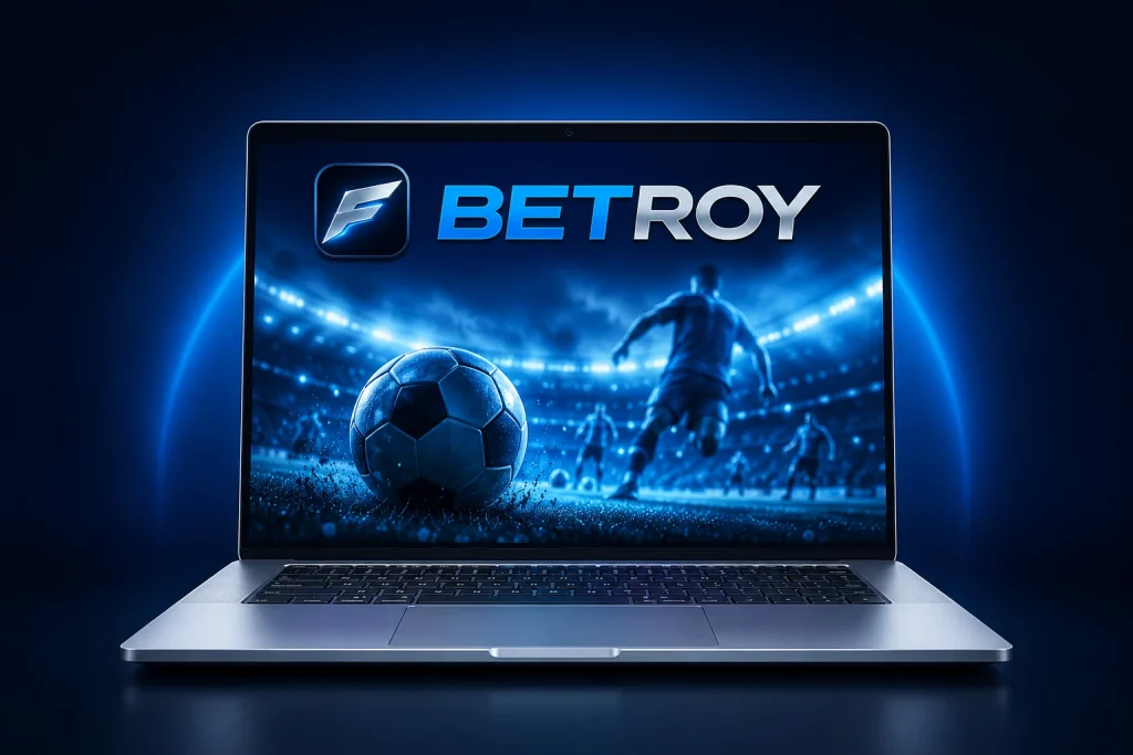 Betroy canlı bahis: dizüstü bilgisayar ekranında stadyum ve futbol topu maç görüntüsü