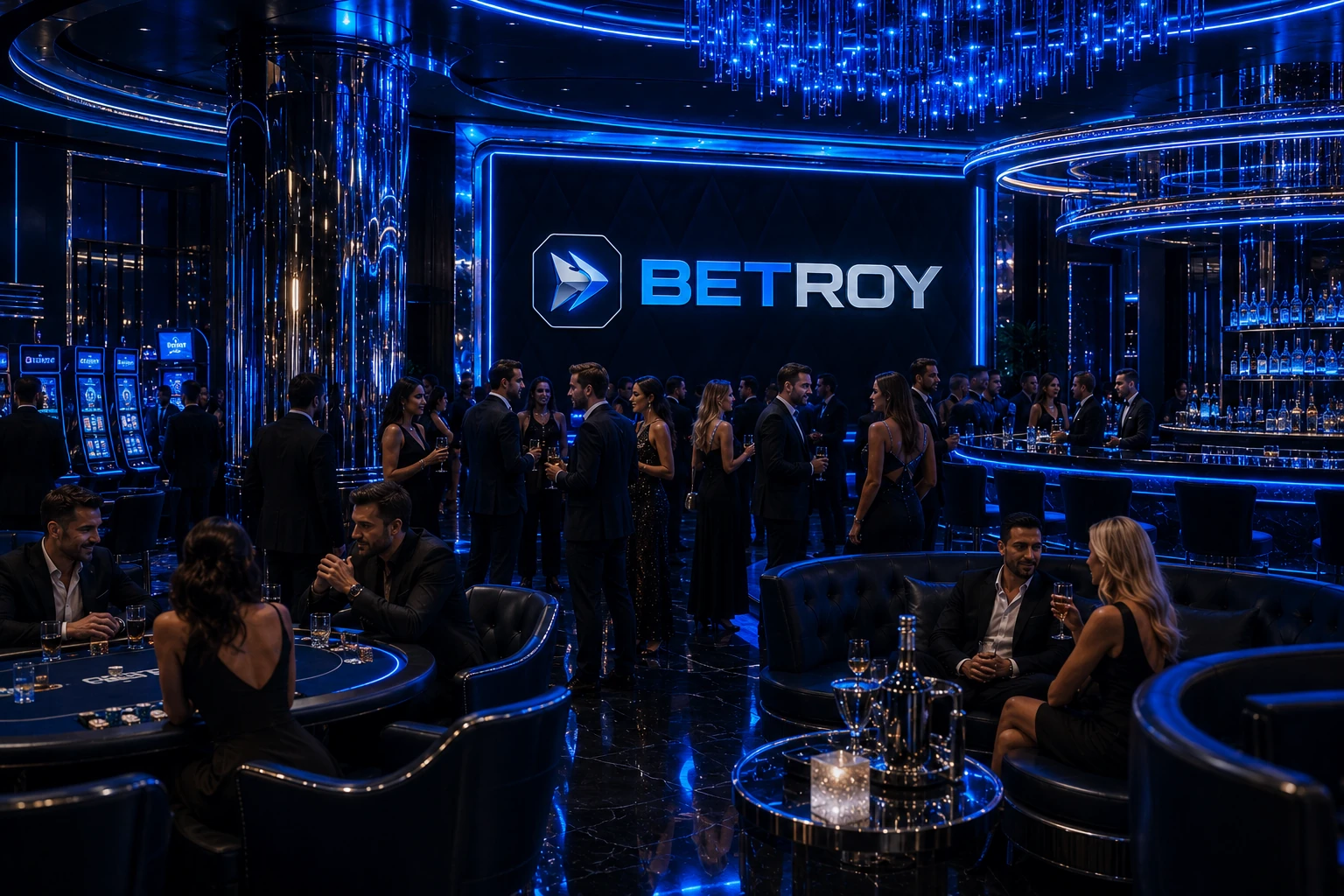 Betroy oyun dünyası: mavi neon ışıklı lüks casino salonunda kalabalık parti