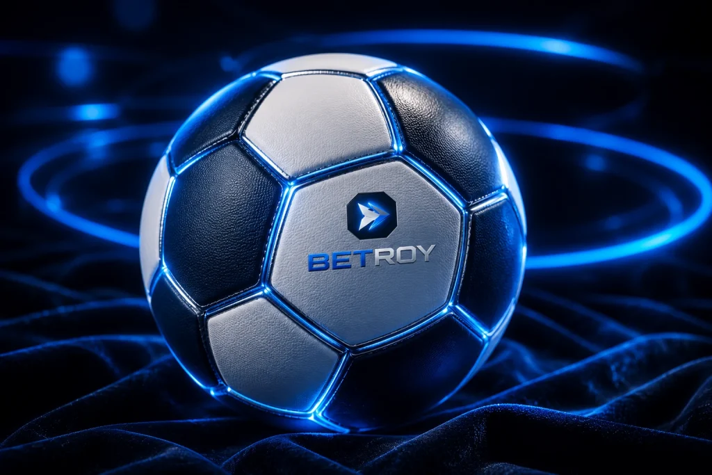 Betroy spor bahisleri: neon halka içinde mavi futbol topu ve krom logo