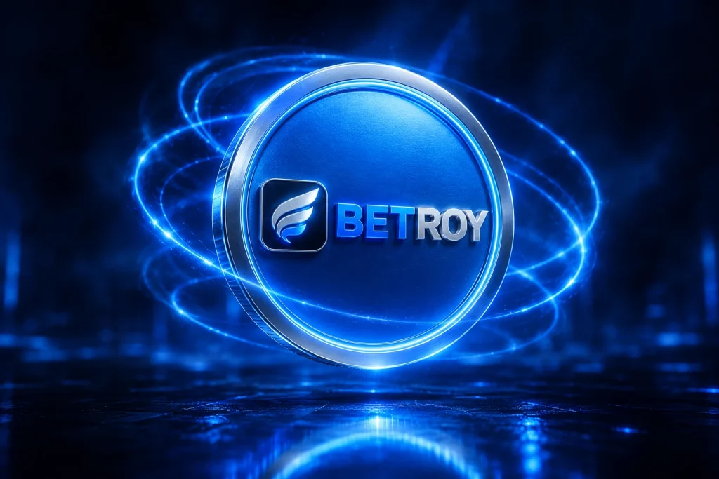 Betroy üyelik ve ödeme adımları: mavi ışıkta krom logolu metal jeton madalyon