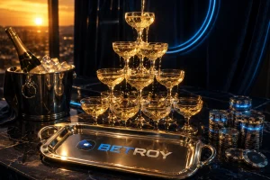 Betroy oyun dünyası: gün batımında şampanya kulesi ve jetonlarla kutlama
